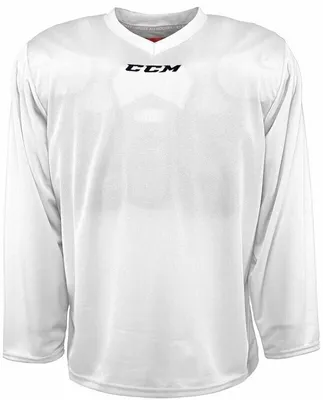 A white CCM training jersey is shown flat against a white background.