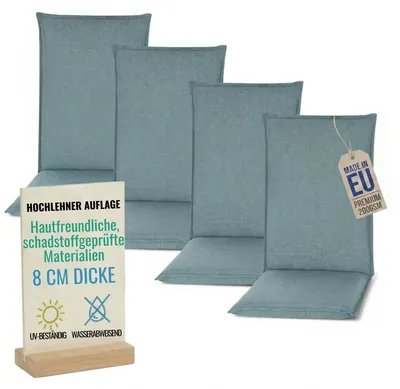 Produktbild von Pillows24 - 4x Hochlehner Auflagen 120x50x8 cm | Bequeme & Wetterfeste Gartenstuhlauflagen | Polster Sitzkissen für Gartenmöbel |  EU | Türkis