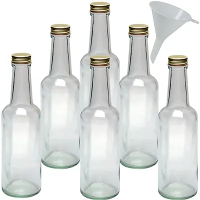 6 Glasflaschen 250 ml mit Schraubdeckel + Trichter