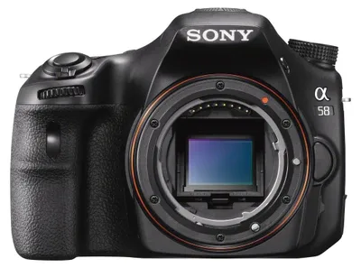 A close-up front view of a black Sony Alpha SLT-A58 DSLR camera, showing the lens mount and sensor.