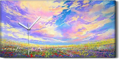 Produktbild von Wandbild Leinwand Bilder Wanduhr 60x30 Bild Wiese Himmel bunte Blume Wolken - weiße Hände
