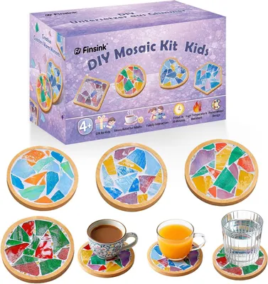 Produktbild von Mosaik Bastelset, 4-teilig, Mosaiksteine bunt, Holzuntersetzer, für Kinderbasteln