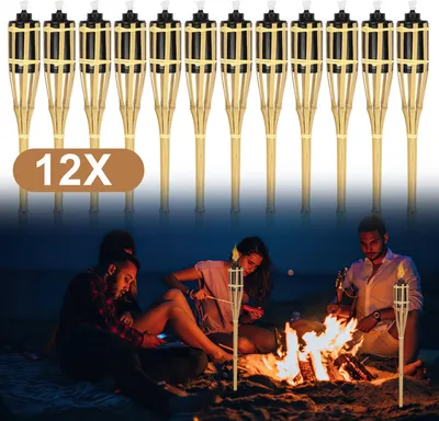 Produktbild von TolleTour 12x Gartenfackeln Set Lampen Fackeloel Docht 90cm Bambus Ölfackeln für draußen Lampenöl für fackeln Flammen Feuer Party Deko