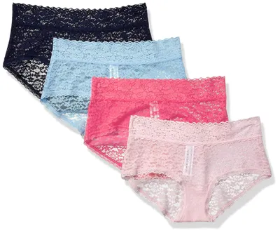 Produktbild von Amazon Essentials Damen Bequeme Hipster-Unterwäsche Aus Stretch-Spitze, 4er-Pack, Blau/Rosa, 36