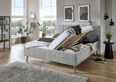 Produktbild von Meise Möbel Stauraumbett Nova 180x200 cm | Doppelbett | Bettkasten & Lattenrost (Federholzrahmen) | Webstoff Grau | Holzfuß eichefarbig