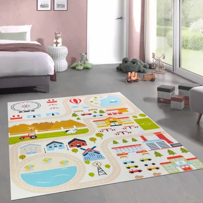 Immagine prodotto di Tappeto per bambini facile da pulire e antiscivolo con motivo urbano, colore beige, dimensioni: 240 x 340 cm
