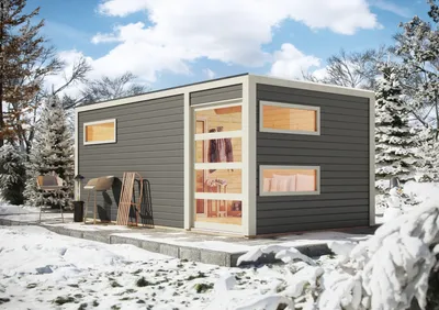 Produktbild von Karibu Saunahaus Außensauna Gartensauna Hygge terragrau lackiert ohne Zubehör 38mm Massivholz 508x276x221 cm