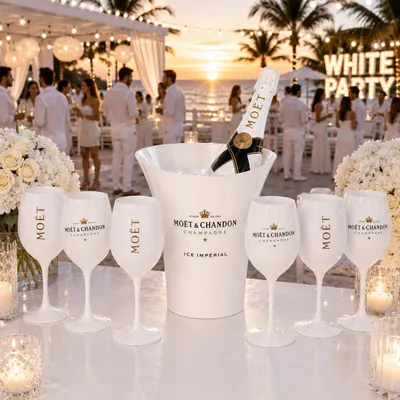 Produktbild von Champagner Kühler Set für Moët & Chandon – Kühler mit 6x weißen Acryl Champagnergläsern – Luxus Party Set für Garten, Terrasse & Events