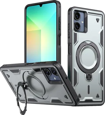 Produktbild von Dual Layer Hülle für Samsung Galaxy A06 Metall Ring Ständer Magnetisch Stoßfest Militär Handyhülle Grau