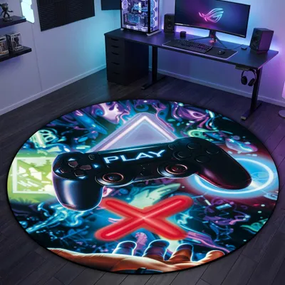Image de Tapis de jeu avec des icônes néon vivantes et une manette flottante Taille - 200 cm Rond