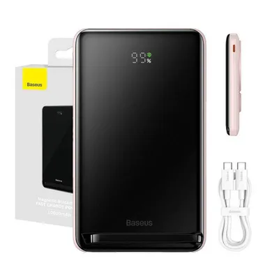 A product shot of a power bank and its accessories, presented with packaging.