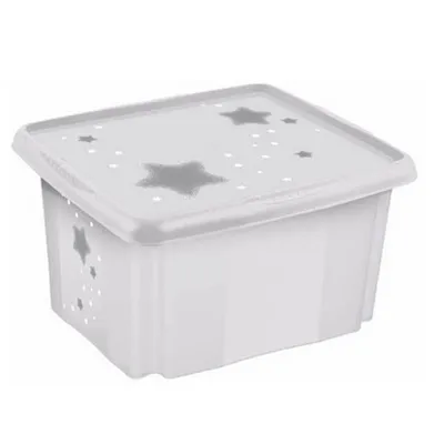 A light gray storage box with a lid, decorated with gray stars and small white dots, is shown against a white background.