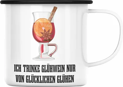 Produktbild von Trendation - Glühwein Emaille Tasse Lustig Spruch Glühweinbecher mit Henkel Doppelwandig GlühweinEmaille Tassen Gläser Weihnachtsmarkt Becher Emaille Tassen Geschenk - Von Glücklichen Glühen (Schwarz)