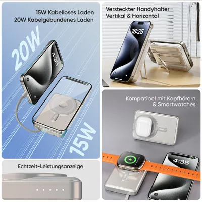 Productafbeelding van PORTENTUM Powerbank, compatibel met MagSafe, snelladingsfunctie, 5-in-1, inklapbare standaard