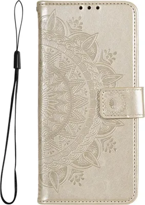 A gold flip case for a Google Pixel 6 Pro phone with a mandala design and a wrist strap.