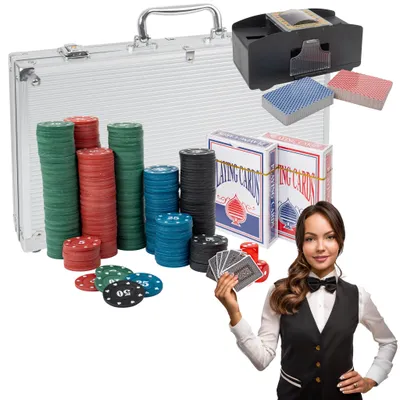Produktbild von Poker Set 300 Chips mit Koffer & Kartenmischer – Komplett Set