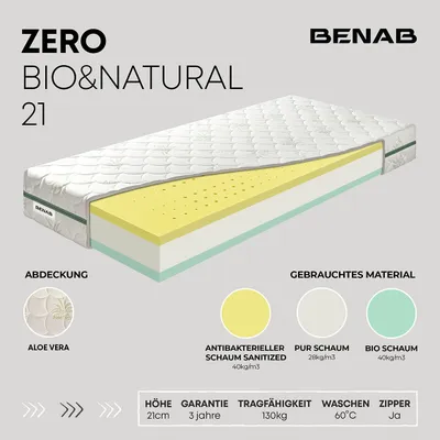 Produktbild von Schaummatratze Benab Zero Bio&Natural 21 Matratze 75 x 195 cm H3 / H4 hart 21 cm hohe Schaummatratzen, Aloe Vera, Antibakteriell, BIO Schaum, PUR