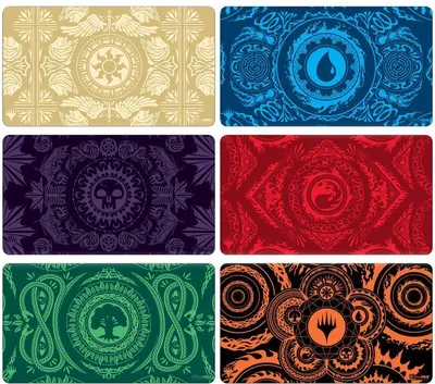 A collage of six different playmats, each featuring a unique design related to the Magic: The Gathering mana symbols.