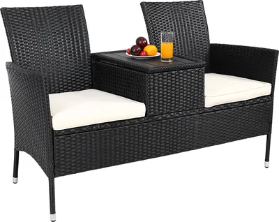 Image de CASARIA® Banc de jardin en polyrotin noir max. 320kg avec coussins table espace de rangement Banc extérieur 2 places