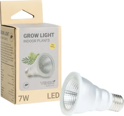 A product box for a grow light and the grow light itself are shown against a white background.