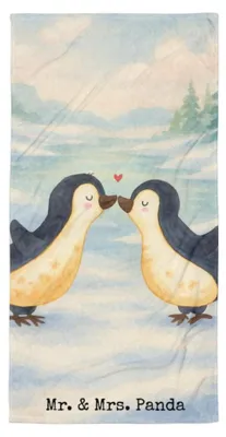 Produktbild von Mr. & Mrs. Panda Handtuch Pinguin Liebe Design - Weiß - Geschenk, Badelaken, Geschenkidee, Freundin, Duschhandtuch, Badehandtuch, Strandtuch, Hochzeitstag, Love, Hochzeit