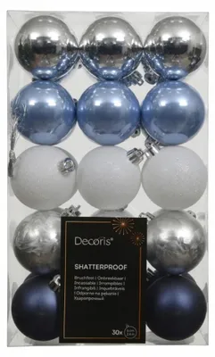 Imagen del producto de Adornos navideños de plástico, irrompibles, de 6 cm de diámetro, juego de 30 unidades, en colores azul, blanco y plateado