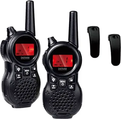 Two black walkie-talkies and two black clips on a white background.