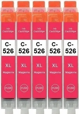 Five magenta ink cartridges lined up vertically.
