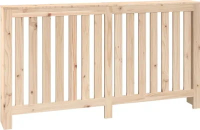 A front view of a wooden radiator cover with vertical slats.