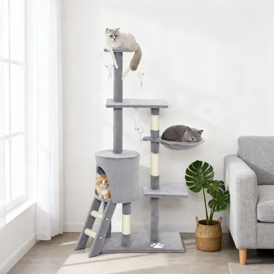 Image de Arbre à chat avec niche, panier, poteaux en sisal, 4 jouets, peluche, gris | 60 x 35 x 134 cm | jusqu'à 5 kg | panneau de particules