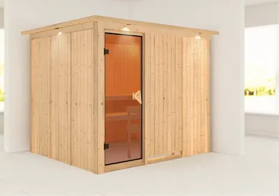Produktbild von Elementsauna Karibu Gobina ohne Ofen mit Dachkranz und bronzierter Ganzglastüre