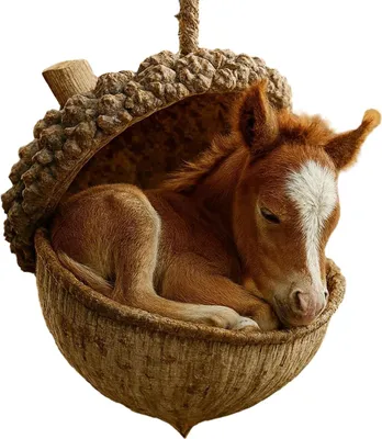 A small, brown, horse-like figurine is nestled inside a large, open acorn shell, appearing to sleep.
