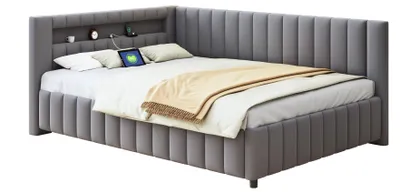Productafbeelding van Slaapbank 140x200 cm, met LED-verlichting, met USB-aansluiting, met gestoffeerde rugleuning, met lattenbodem, beige
