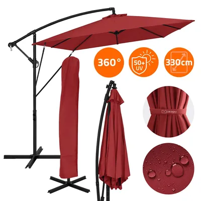 Produktbild von ML-Design Ampelschirm Ø 330 cm Rot Alu Rechteckig, Sonnenschirm mit Kurbel, Abdeckung & Ständer UV50+ & wasserabweisend 360° drehbar & neigbar