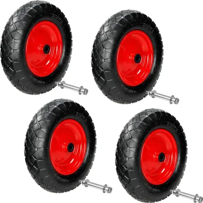Produktbild von ECD Germany 4er Set Schubkarrenrad luftbereift mit Achse, 4.80/4.00-8, Durchmesser 390 mm, 95 mm Breite, 200 kg, Reifen mit Stahlfelge Rot