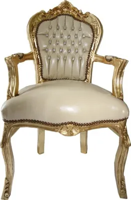 Produktbild von Casa Padrino Barock Esszimmer Stuhl mit Armlehnen Creme Lederoptik / Gold - Möbel