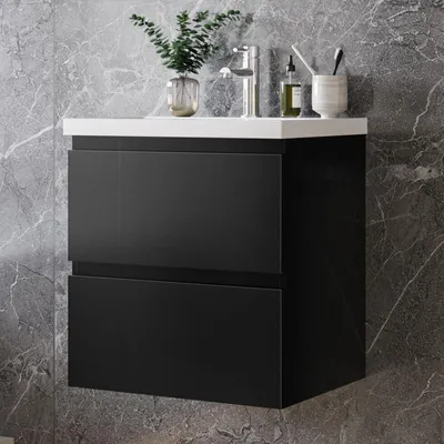 Produktbild von 50 cm Badmöbel-Set Unterschrank mit Keramik waschtisch 2 Schubladen soft-close Hochglanz Schwarz Selbstmontierter