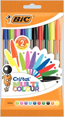 Produktbild von BIC Cristal, Clip, Stick-Kugelschreiber, Schwarz, Blau, Grün, Hellblau, Hellgrün, Orange, Pink, Violett, Rot, Türkis, 10 Stück(e)