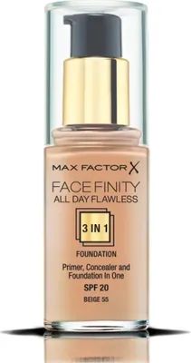 A bottle of Max Factor FaceFinity All Day Flawless foundation with a pump dispenser.