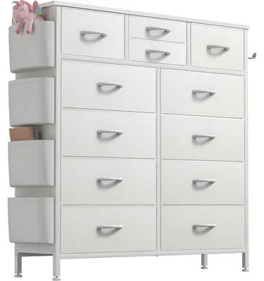 Produktbild von Kommode mit 12 Stoffschubladen, Metallrahmen, Holzplatte, Seitentaschen & Haken, Weiß, 98.6 x 113.3 cm