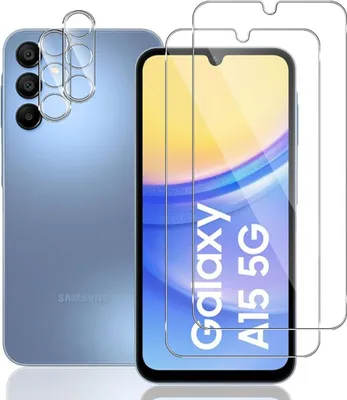 A blue Samsung phone with camera lens protectors and two screen protectors laid out next to it.