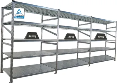 Produktbild von Fachbodenregal PROXIMO mit  Stecksystem | Komplettregal | HxBxT 200x450x80cm | 5 Ebenen | Fachlast 130 kg | Beidseitig nutzbar | Verzinkt