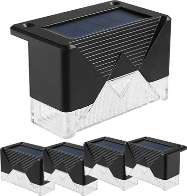A set of four solar-powered garden lights, with one light prominently displayed above the other three.