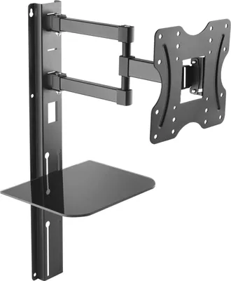 A black wall mount for a TV with an attached glass shelf.