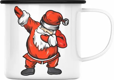 Produktbild von Trendation - Weihnachten Emaille Tasse Weihnachtsmann für Kinder WeihnachtsEmaille Tasse Lustig Geschenk Jungs Jungen Mädchen Cute Lebkuchen Grafik Becher Dab (Schwarz)