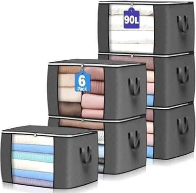 Produktbild von Budding Joy 6 Stück 90L Aufbewahrungstasche, Aufbewahrungsbox mit Deckel Große, Kleider Aufbewahrung Umzugskartons, Faltbare Unterbett Kleiderschrank für Kleidung Bettdecken und Bettwäsche, Grau
