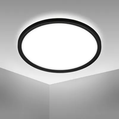 Image de Plafonnier LED ultrafin salle de bain 420mm rond 22W 2900lm 4000K lumière blanche neutre fond lumineux noir lampe plafond IP44 salle de bain cuisine