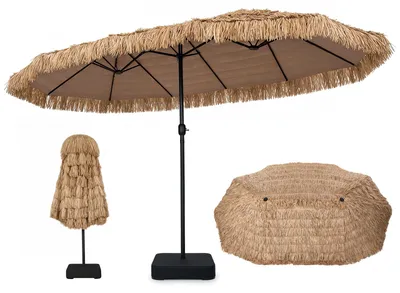 Produktbild von COSTWAY Doppel Sonnenschirm mit Ständer 450x260cm, Terrassenschirm Hawaii, Gartenschirm mit Kurbel, PE-Strohschirm XXL, Terrassenschirm Marktschirm
