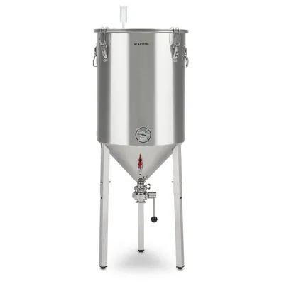 A stainless steel fermentation vessel with a conical bottom, supported by a metal stand, and equipped with a thermometer and an airlock.