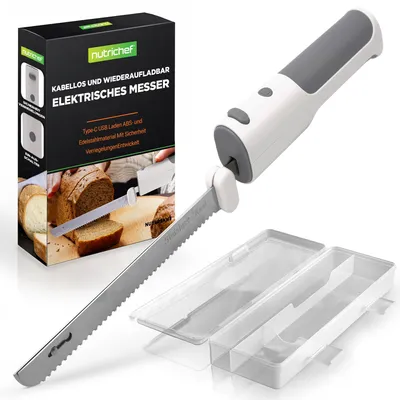 Produktbild von Nutrichef Elektrisches Küchenmesser – Akku-Messer mit Edelstahlklingen, USB-C, Weiß Für Truthahn, Fleisch, Brot & Käse | 11,42″ Edelstahlklingen | Sic